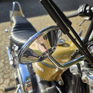 Custom Spiegel rund 4" chrom, E-Zulassung, kurzer Arm mit Lenkerklemme