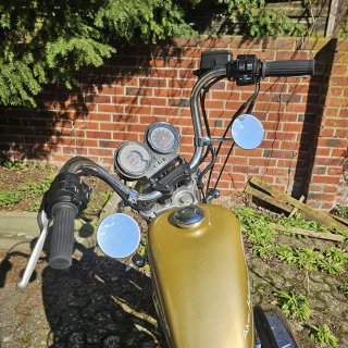 Custom Spiegel rund 4" chrom, E-Zulassung, kurzer Arm mit Lenkerklemme