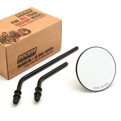 Custom Mirror round 4"/10cm black E-mark, for Harley-Davidson® with 1x short and 1x long mirror arm