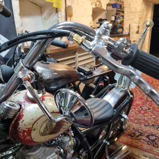 Custom Spiegel rund 4" chrom,  kurzer Arm mit Lenkerklemme